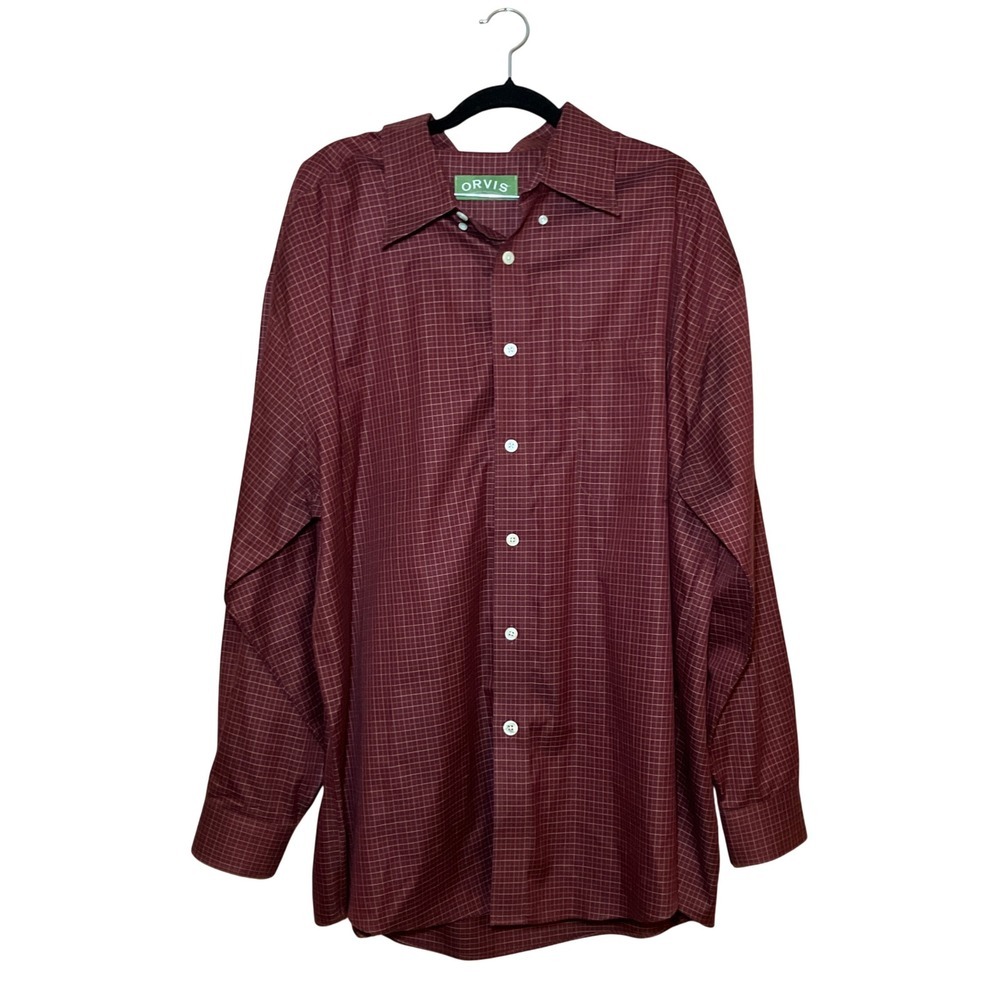 Orvis Button Down Shirt Mens XXL Burgundy Micro Grid Check Cotton Excellent